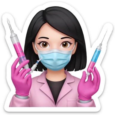 laboratorista con guantes rosa y mascarilla rosa  jeringa tubos  sin lentes pelo lacio negro y largo  sticker