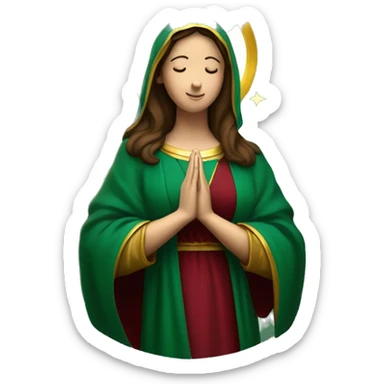 Virgin Mary: kind face looking down at the left, long brown hair, Wearing an emerald green  robe with gold stars and a burgundy red dress,  Hands in prayer or blessing. Halo around her head. standing on a crescent moon.  sticker