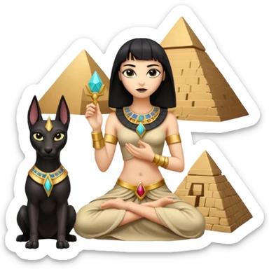Kindly alien cleopatra Protecting spell silky black-haired tiny statuette scale female Anubis and pyramid scenery stone-age cracked irregular dwelling  sticker