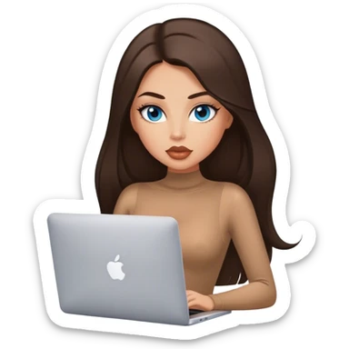 Glamours tanned very beautiful girl with big pump peach lips and dark chocolate straight smooth long hair, blue eyes in brown/beige bodysuit with MacBook sticker
