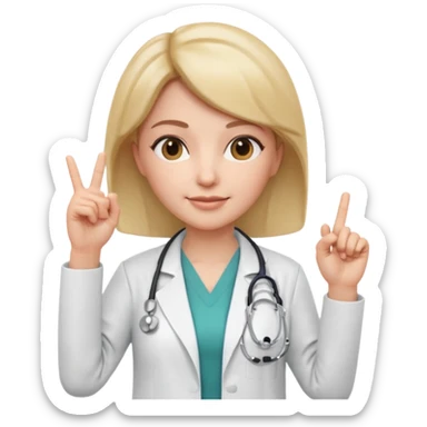 3D memoji style female doctor, white medical coat, stethoscope, raising index finger up like giving important advice, confident facial expression, slight smile, centered, transparent background, sticker