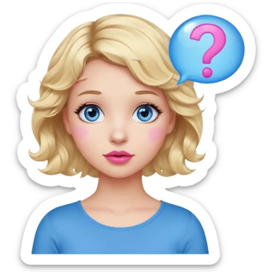 Girl Blonde short wavy hair,  blue eyes, cute blue top, long lashes, pink lips, question mark bubble sticker