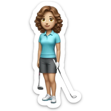 female with brown wavy hair dressed in golfwear with golf club and golf ball sticker