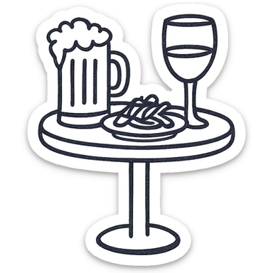 cute line drawing for coloring: a bar table with snacks and drinks, simple line style, no fill, for children to color sticker