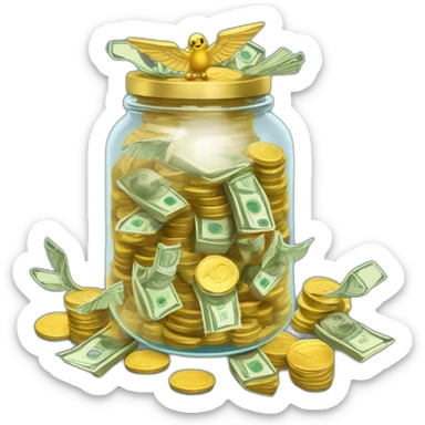A clear jar overflowing with stacks of cash and gold :jar: :money_with_wings::coin:  sticker