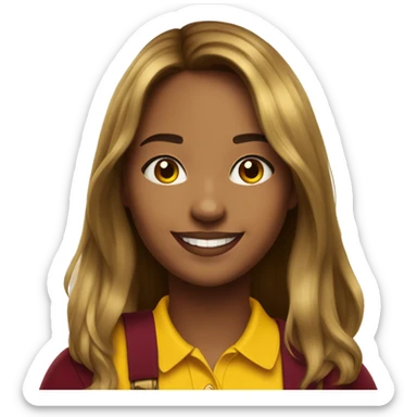 a mid length hair with curtain bangs beautiful girl smiling wearing a yellow polo with maroon id lanyard  sticker