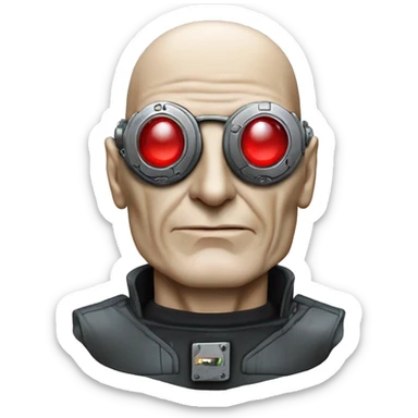 Jean luc picard from Star Trek assimilated by the Borg, with mechanical metal covering one eye with a red glass lens sticker