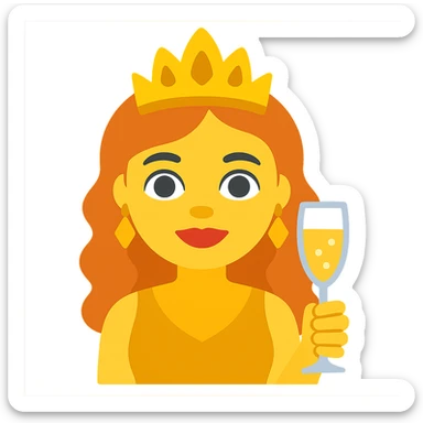 Create a simple and bold illustration of a Leo woman with a glass of champagne in the style of apple emojis. The woman should have a round face, big eyes, and minimal details. The background should be transparent. sticker