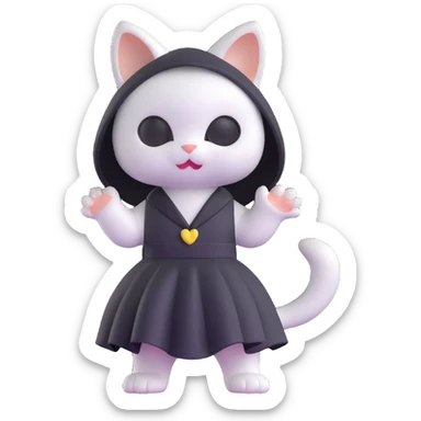 white baby cat in a black mini dress and black veil, standing and waving sticker