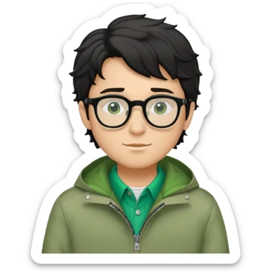 Chico con cabello negro semiodulado con ojos negros con lente chaqueta verde  sticker