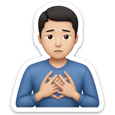 first asian man put his hands on his chest where his heart is, to showw howw he feeels. With a sad exxpression  sticker