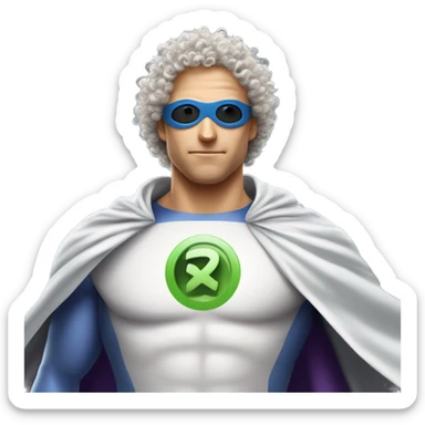 curly hair white man and super 'T' pigeon crossover superhero. his superpower is being good at design sticker