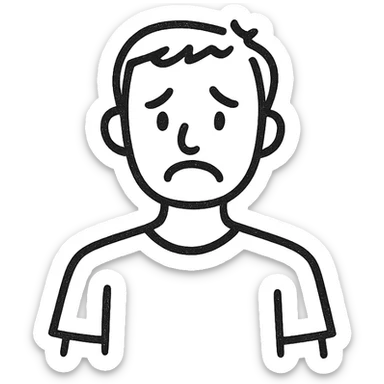 outlined icon of a man in a t-shirt, sad face, black and white, no background sticker