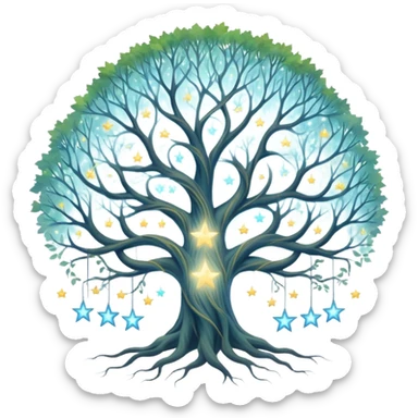 Celestial family tree with star-like portraits connected by flowing gossamer branches, ethereal ancestral connections sticker