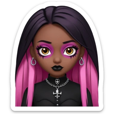 dark skin, goth bratz baddie, beautiful brown eyes, gothic black makeup, long straight black-pink hair, black gothic hair styled, black goth clothes sticker