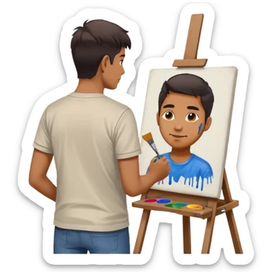 the artist stands with his back to the painting, painting a portrait sticker