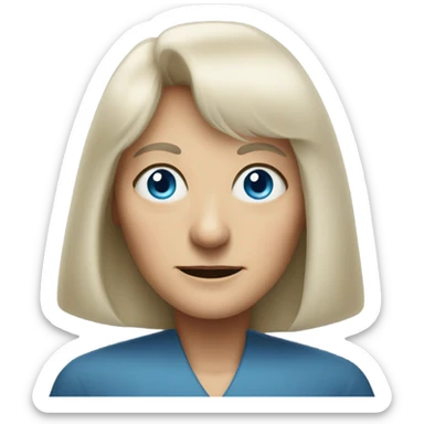 Aged crone woman, shoulder length blonde hair with bangs, blue eyes with wisdom sticker