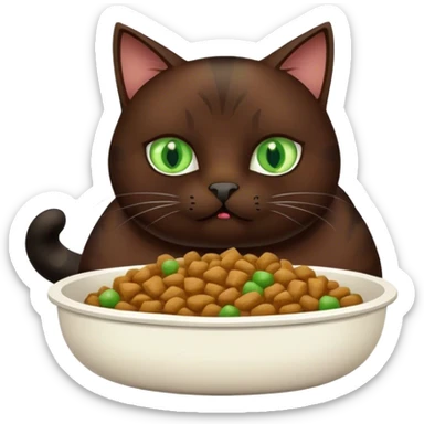 Fat brown and black cat with green eyes eating cat food sticker