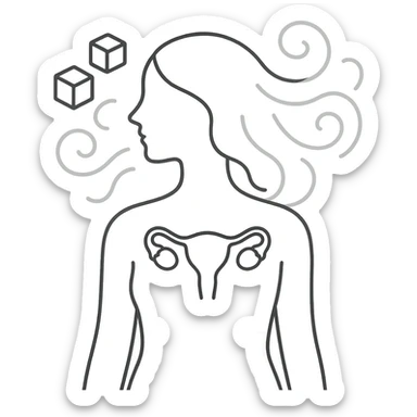 abstract medical art of a female silhouette in pastel colors with swirling hair, sugar cubes, and polycystic ovaries as dark constellations, minimalist style sticker