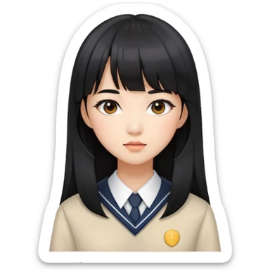stylish woman with Asian skin, school uniform, long straight black hair with bangs, and soft makeup sticker