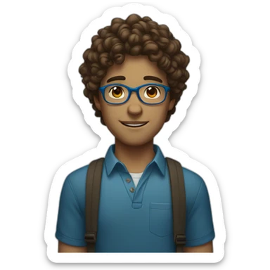 Boy with long brown curly hair and round blue glasses sticker