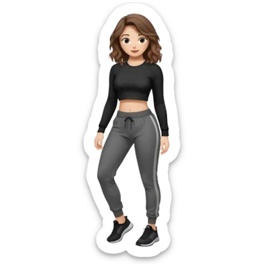 Girl with brown wavy hair, dream body ( small waist, wild hips and big glute) in black long sleev sticky top, grey jogger sticker