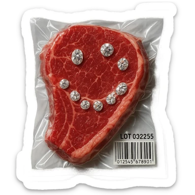 steak with sparkling diamonds embedded, glossy and puffy, vacuum-sealed style sticker
