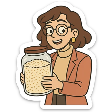 designer woman with brown hair holding a big glass jar of rice in flat toon style sticker