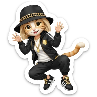 female cat dressed like Run DMC with tracksuit, fedora, Adidas shoes, lots of gold chains, rings, bracelets, earrings, laughing, looking up, no sunglasses sticker