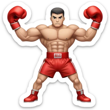 A locomotive train with human-like muscular arms, wearing red boxing gloves, standing in a fighting stance, determined expression, cartoon-style. sticker