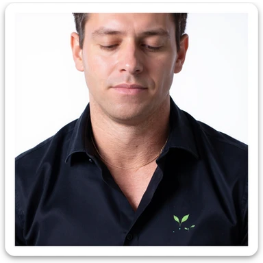 Vertical portrait, only the man's face in a realistic style with closed eyes. Include symbols of water drops and green leaves near the face to represent hydration and detoxification during fasting. The atmosphere should convey freshness and cleanliness. sticker