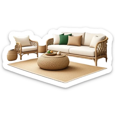 modern boho living room with many indoor plants, rattan furniture, white walls, and natural light sticker