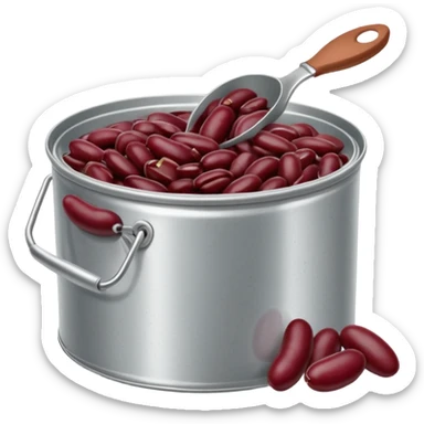open metal can filled with glossy dark red kidney beans in thick slightly starchy liquid, beans plump smooth gently mounded in plain partially opened tin can, no label or extras, apple emoji style, soft lighting, subtle shadows, transparent background, emoji scale sticker