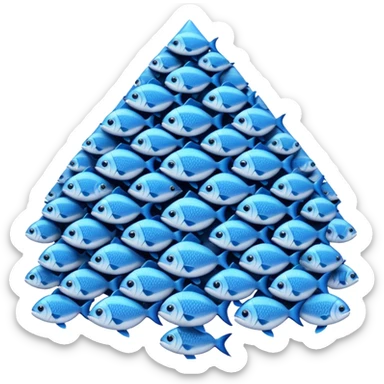 large pile of blue fish in a triangle-pyramid formation, iPhone Apple emoji style, between 2D and 3D sticker