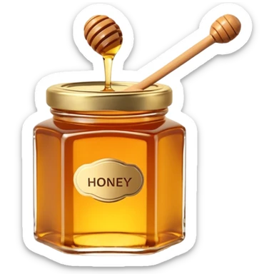 small honey jar, golden amber honey, glossy glass, subtle reflections, dense smooth honey, simple lid, blank label optional, minimal honey dipper, 3D rendered, clean, soft lighting, no faces, transparent background sticker