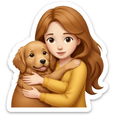 A girl with long  hair tightly hugged a dog sticker