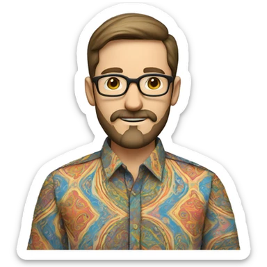 a male teacher with pale skin, black round glasses, brown hair, a beard and moustache, wearing a paisley colorful shirt sticker