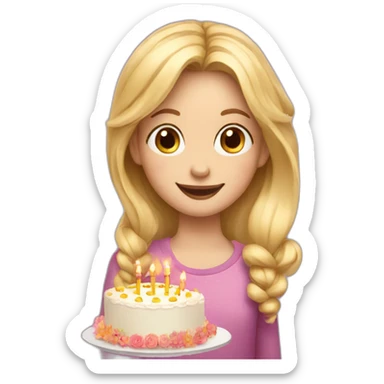 A blonde girl with flowers celebrating with her family a 10th birthday with a cake sticker