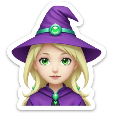 Make a blonde girl with green glowing headset on with teal eyes and a purple haired girl with green eyes waering a purple wit hes hat haveing fun , make them a chibi emoji page anime style sticker
