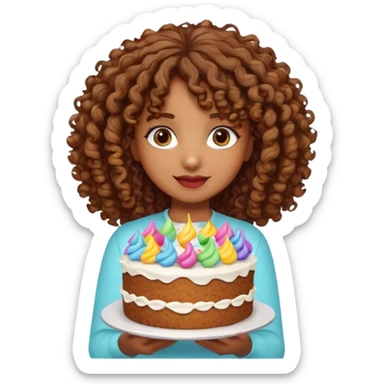Brown Curly haired girl with a cake sticker