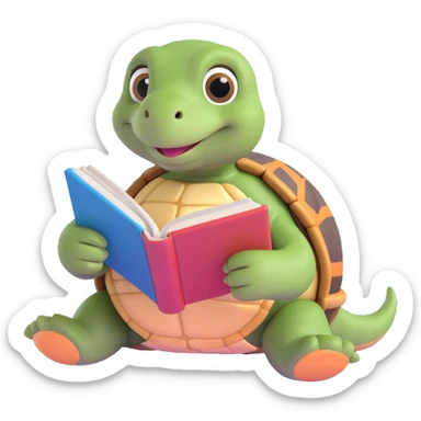 a cute tortoise reading a book, sitting with the book open in front, looking studious and cute sticker