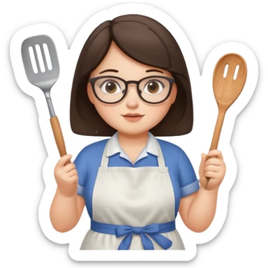 chubby brunette girl with glasses with apron holding spatula  sticker