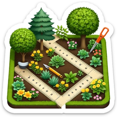 Icon for Landscape Design: a garden layout with plants, trees, paths, and design tools like a ruler, pencil and measuring tape. The icon should represent creativity in outdoor space planning and gardening. Transparent background. sticker