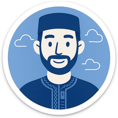 modern digital avatar of an Algerian man, friendly expression, clean minimalist cartoonish style, subtle Algerian elements or traditional patterns integrated in a tech-inspired way, inside a circular frame with a smooth glowing effect, suitable for profile assignment, square format sticker