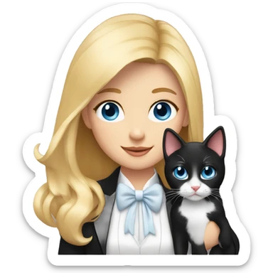 girl with blonde hair and blue eyes with a tuxedo cat in her hands sticker
