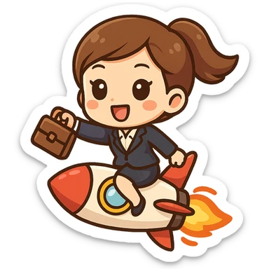 rocket emoji with a businesswoman riding the rocket, briefcase in hand, energetic and uplifting mood sticker