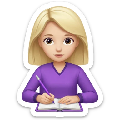 girl sitting, writing in a notebook, blond hair, dressed in purple clothes sticker