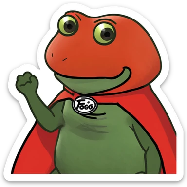 red Pepe the Frog superhero with Fogo.io logo as cape, power pose, cartoonish, bold, meme-inspired, red color palette, witty and playful, Discord sticker sticker