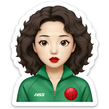 Han Mi-nyeo: Age Late 70s
Appearance: A crazy woman with many wrinkles face, frizzy, very messy dark brown hair and dramatic red lipstick.
Outfit: Green player tracksuit sticker