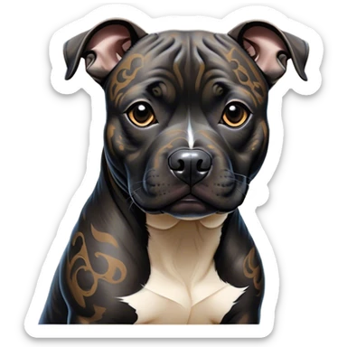 Cinematic Noble Black/Brindle Staffordshire Bull Terrier Portrait Emoji, Poised and regal, with a compact, muscular build and a sleek, well-groomed Fur featuring a striking mix of black and brindle patterns, deep-set soulful dark eyes, Simplified yet sharp and sophisticated features, highly detailed, glowing with a soft, dignified glow, high shine, intelligent and loyal, stylized with an air of strength, focused and attentive, soft glowing outline, capturing the essence of a watchful and confident guardian, so majestic it feels as though it could stride out of the screen with effortless authority! sticker